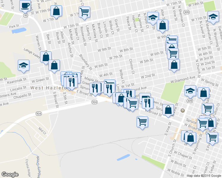 map of restaurants, bars, coffee shops, grocery stores, and more near 947 West 1st Street in Hazleton