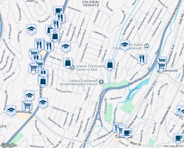 map of restaurants, bars, coffee shops, grocery stores, and more near 114 Puritan Avenue in Yonkers