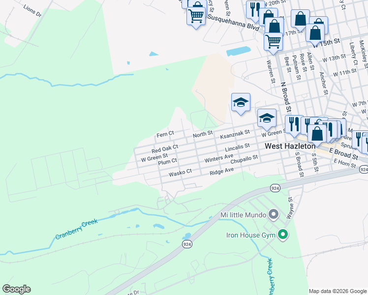 map of restaurants, bars, coffee shops, grocery stores, and more near 600 North Street in Luzerne County