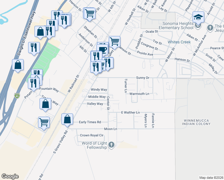 map of restaurants, bars, coffee shops, grocery stores, and more near 4075 Center Street in Winnemucca