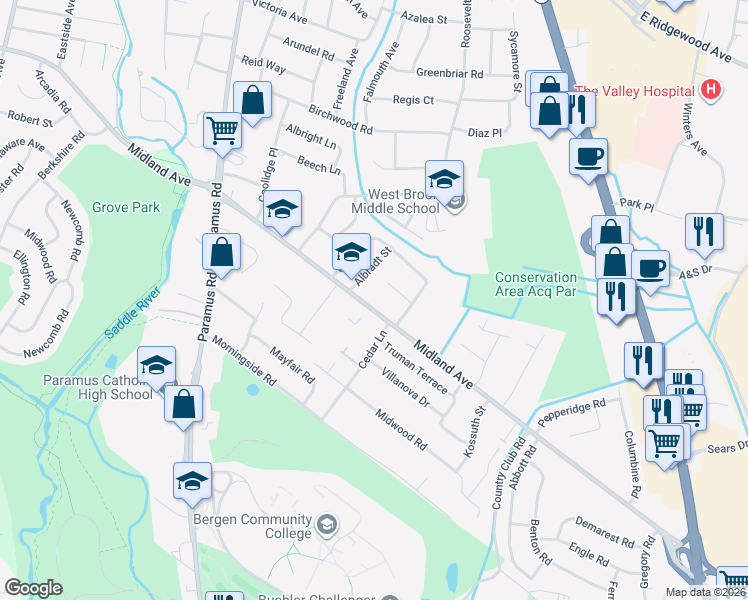 map of restaurants, bars, coffee shops, grocery stores, and more near 512 Albradt Street in Paramus