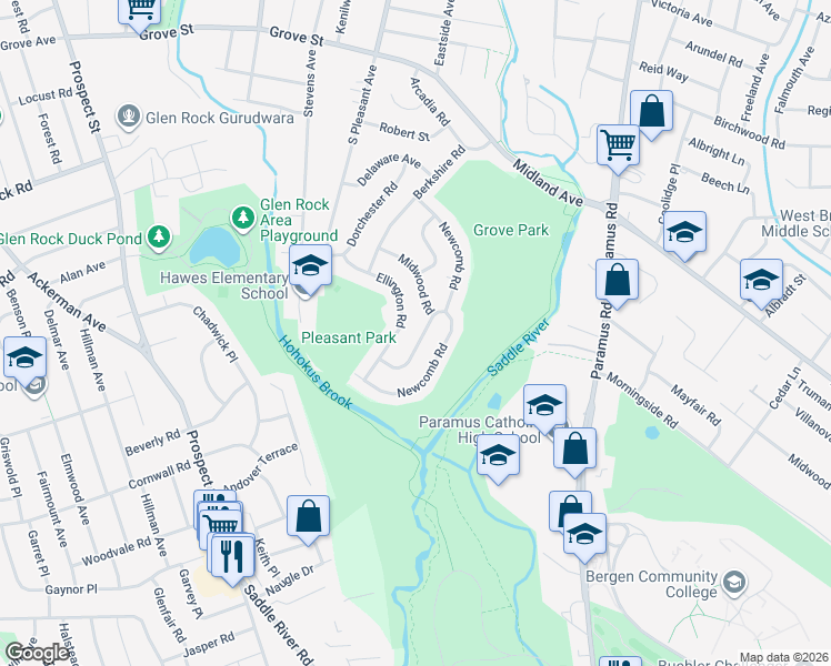 map of restaurants, bars, coffee shops, grocery stores, and more near 690 Midwood Road in Ridgewood