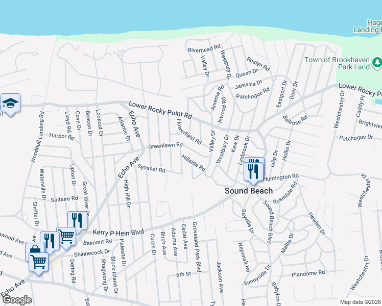 map of restaurants, bars, coffee shops, grocery stores, and more near 20 Greenlawn Road in Sound Beach