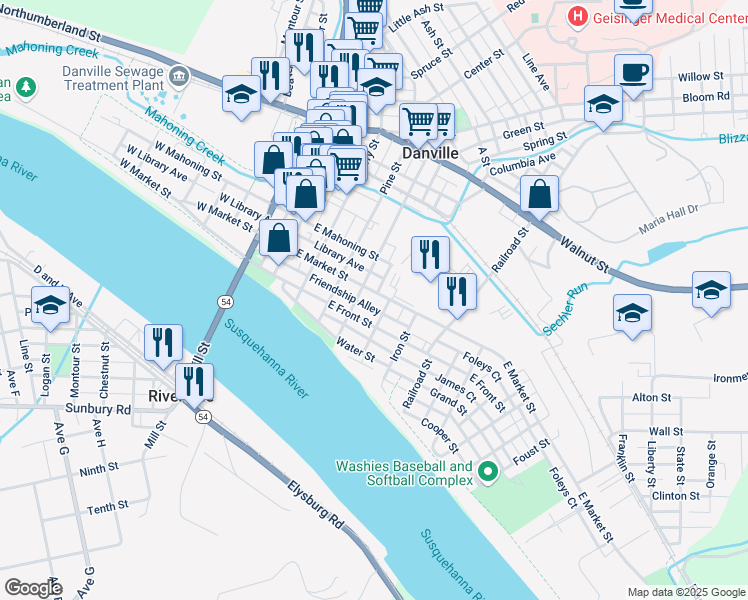 map of restaurants, bars, coffee shops, grocery stores, and more near 332 East Market Street in Danville