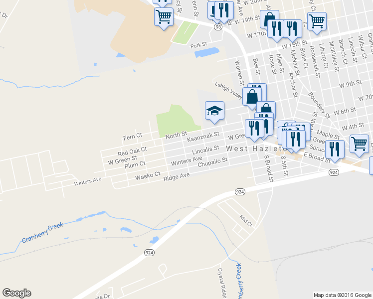 map of restaurants, bars, coffee shops, grocery stores, and more near 436 West Green Street in West Hazleton