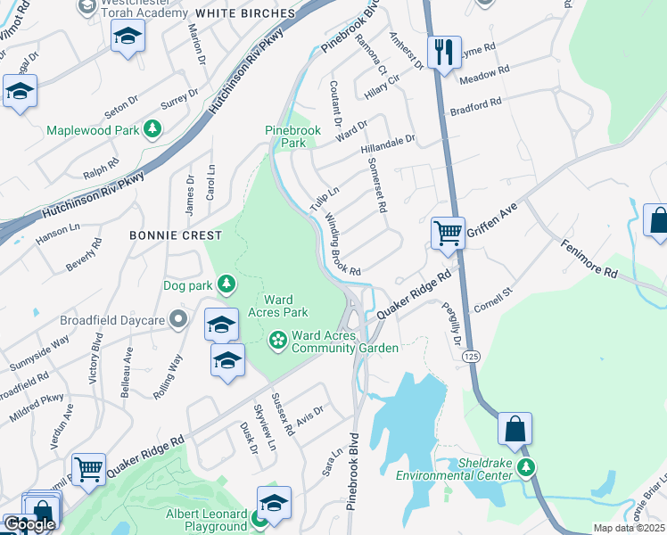 map of restaurants, bars, coffee shops, grocery stores, and more near 115 Winding Brook Road in New Rochelle