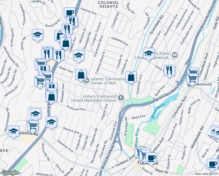 map of restaurants, bars, coffee shops, grocery stores, and more near 114 Puritan Avenue in Yonkers