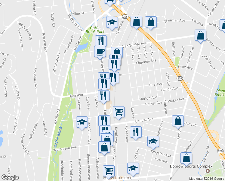 map of restaurants, bars, coffee shops, grocery stores, and more near 272 Rea Avenue in Hawthorne