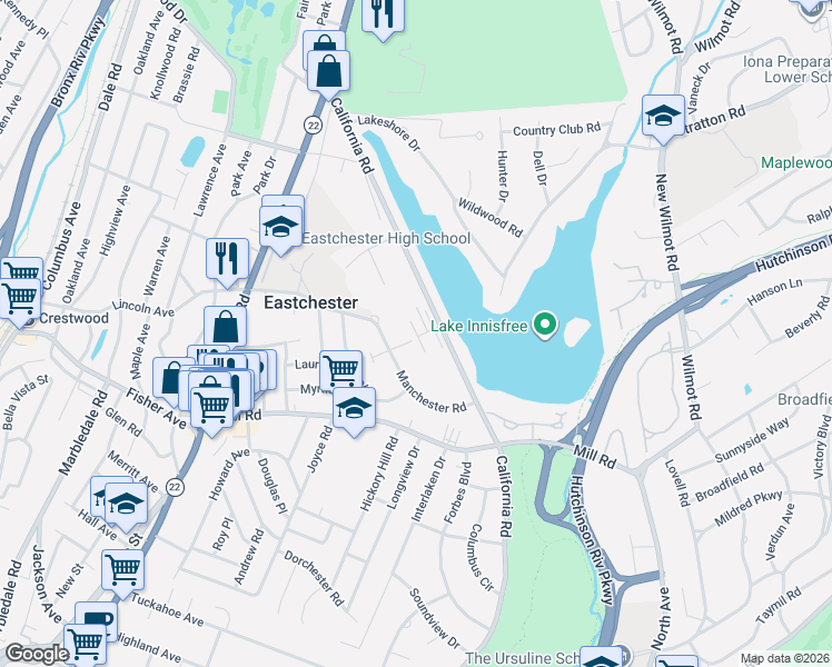map of restaurants, bars, coffee shops, grocery stores, and more near 14 Channing Place in Eastchester