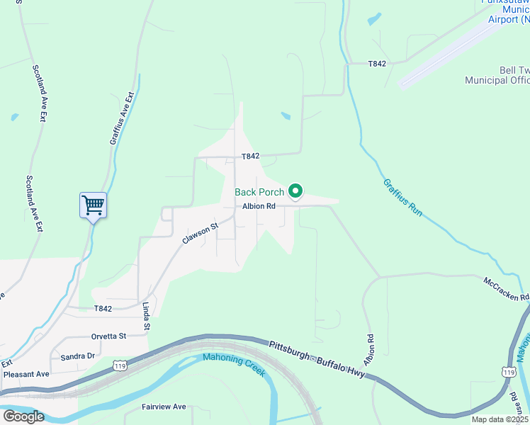 map of restaurants, bars, coffee shops, grocery stores, and more near 129 Albion Road in Punxsutawney