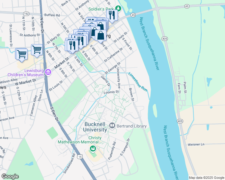 map of restaurants, bars, coffee shops, grocery stores, and more near 570 Loomis Street in Lewisburg