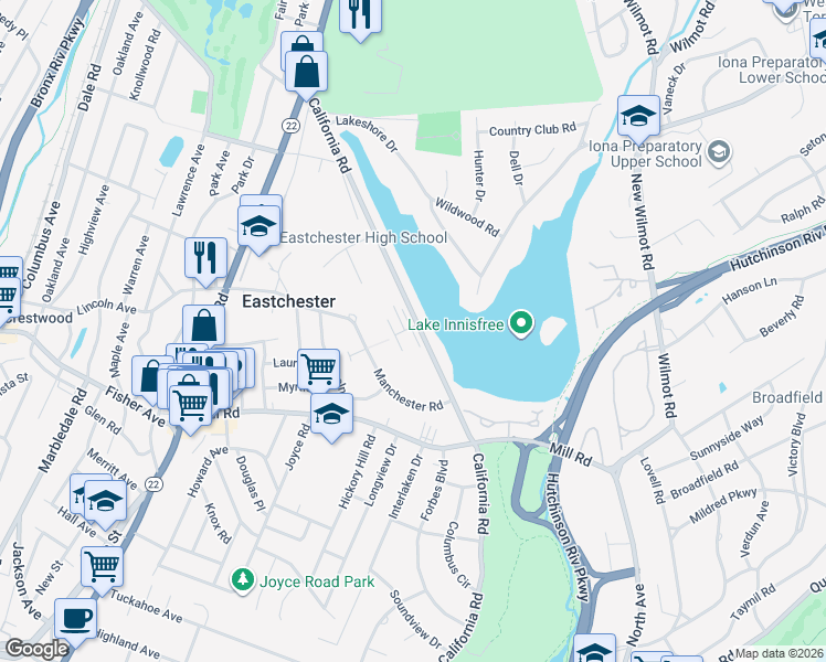 map of restaurants, bars, coffee shops, grocery stores, and more near 269 Channing Place in Eastchester