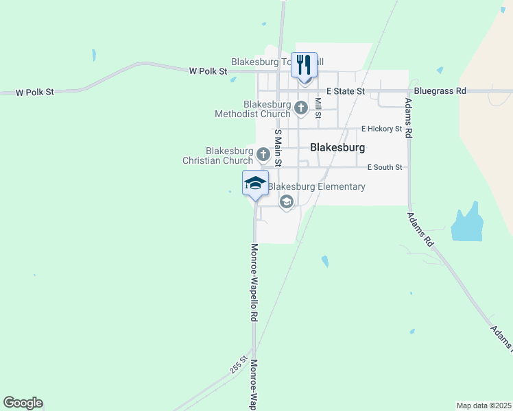 map of restaurants, bars, coffee shops, grocery stores, and more near 407 Wilson Street in Blakesburg