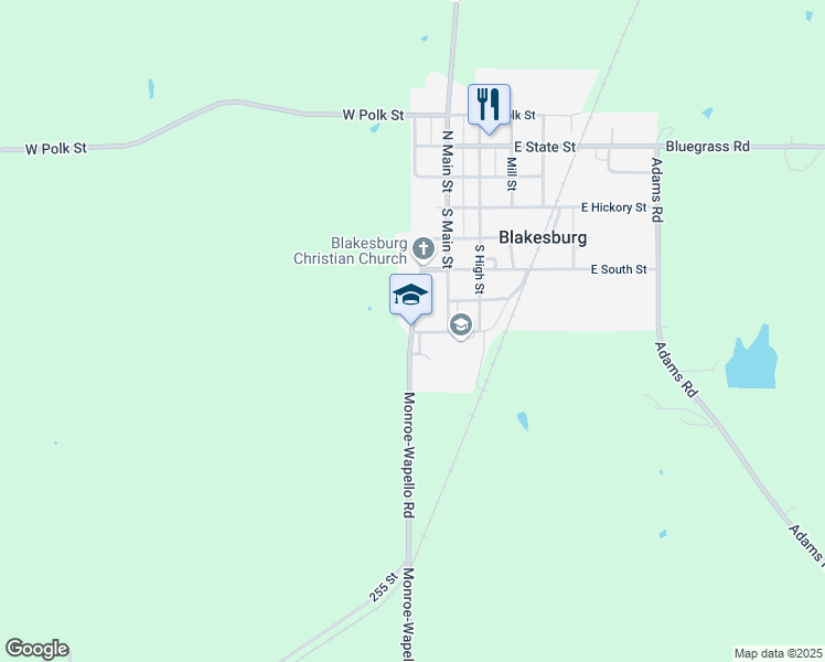map of restaurants, bars, coffee shops, grocery stores, and more near 407 Wilson Street in Blakesburg