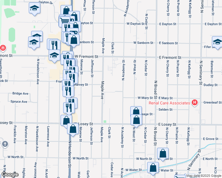 map of restaurants, bars, coffee shops, grocery stores, and more near 905 Maple Avenue in Galesburg