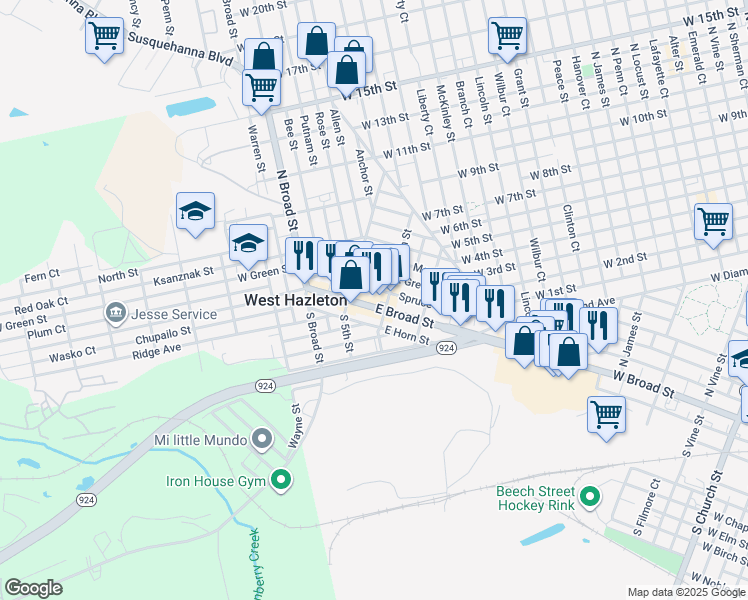 map of restaurants, bars, coffee shops, grocery stores, and more near 22 Spruce Street in Hazleton