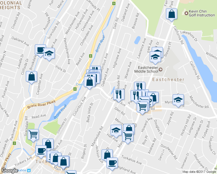 map of restaurants, bars, coffee shops, grocery stores, and more near 46 Lincoln Avenue in Tuckahoe