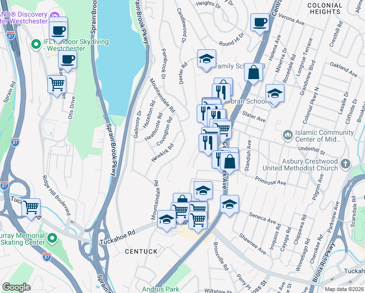 map of restaurants, bars, coffee shops, grocery stores, and more near 168 Mountaindale Road in Yonkers
