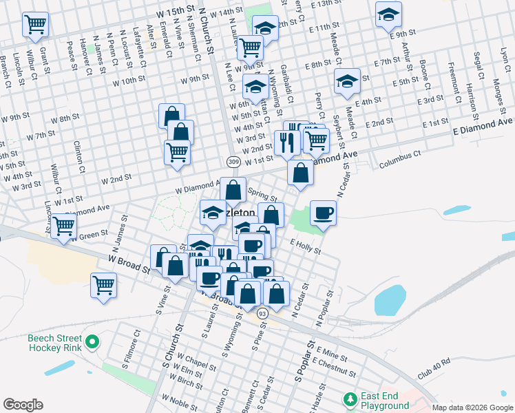 map of restaurants, bars, coffee shops, grocery stores, and more near 189 N Lee Ct in Hazleton