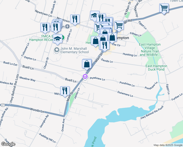 map of restaurants, bars, coffee shops, grocery stores, and more near 140 Main Street in East Hampton