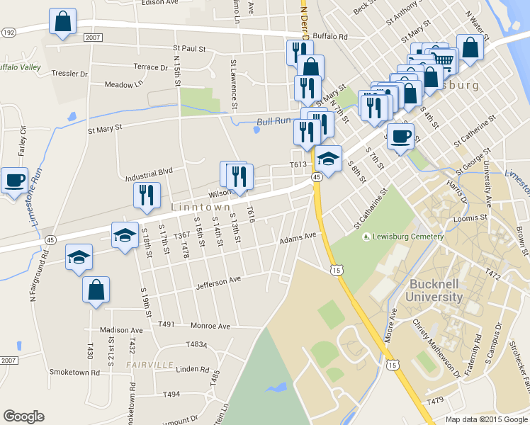 map of restaurants, bars, coffee shops, grocery stores, and more near 1030 Washington Avenue in Lewisburg