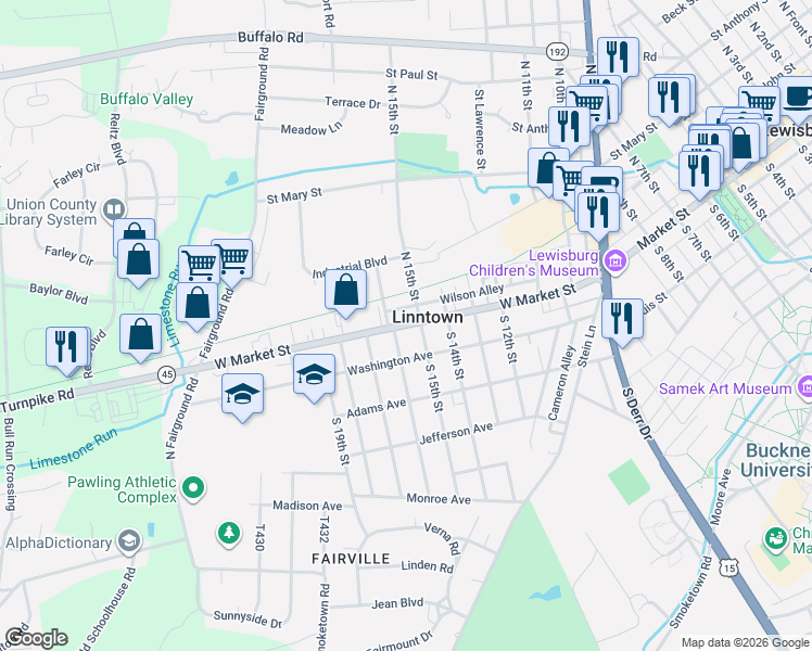 map of restaurants, bars, coffee shops, grocery stores, and more near 1536 West Market Street in Lewisburg