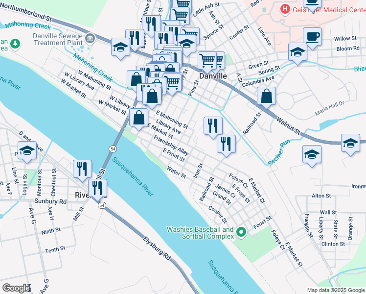 map of restaurants, bars, coffee shops, grocery stores, and more near 324 East Market Street in Danville