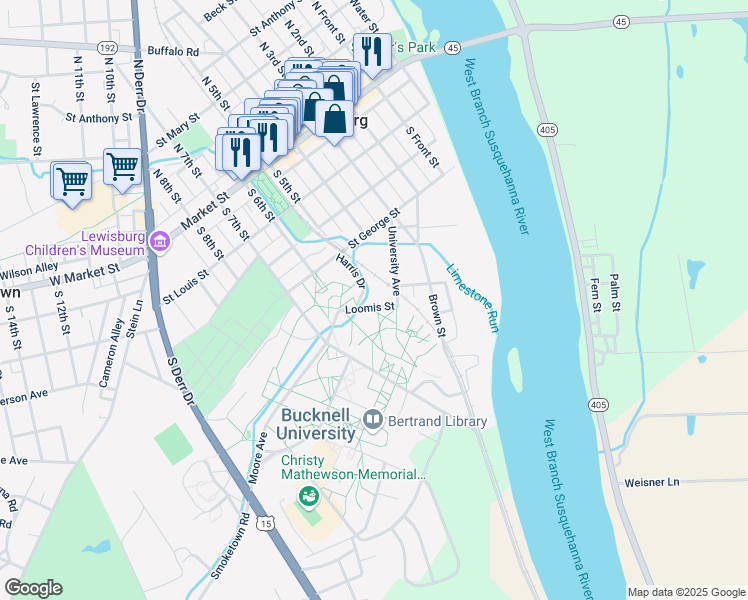 map of restaurants, bars, coffee shops, grocery stores, and more near 570 Loomis Street in Lewisburg