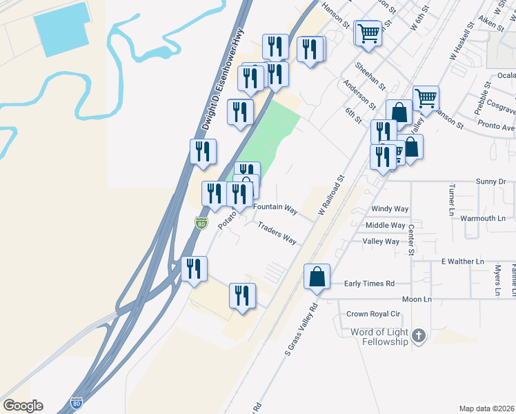 map of restaurants, bars, coffee shops, grocery stores, and more near 3200 Traders Way in Winnemucca
