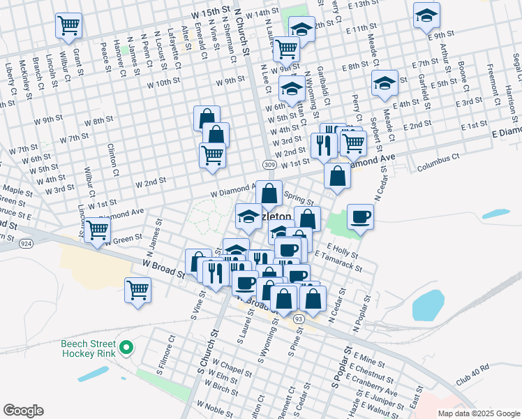 map of restaurants, bars, coffee shops, grocery stores, and more near 154 North Church Street in Hazleton