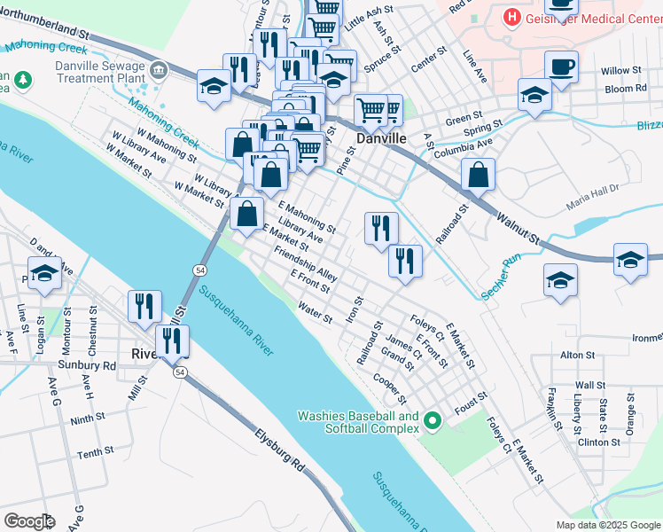 map of restaurants, bars, coffee shops, grocery stores, and more near 332 East Market Street in Danville