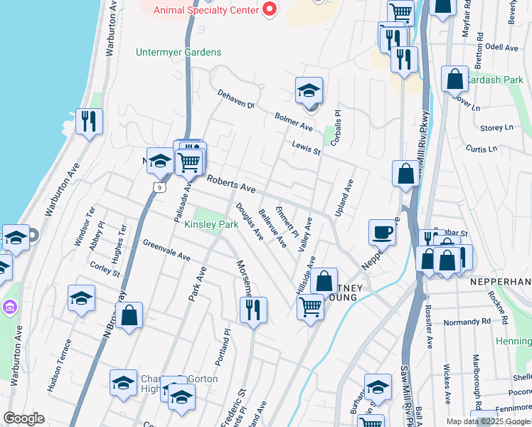 map of restaurants, bars, coffee shops, grocery stores, and more near 372 Bellevue Avenue in Yonkers