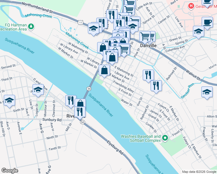 map of restaurants, bars, coffee shops, grocery stores, and more near 11 Water Street in Danville