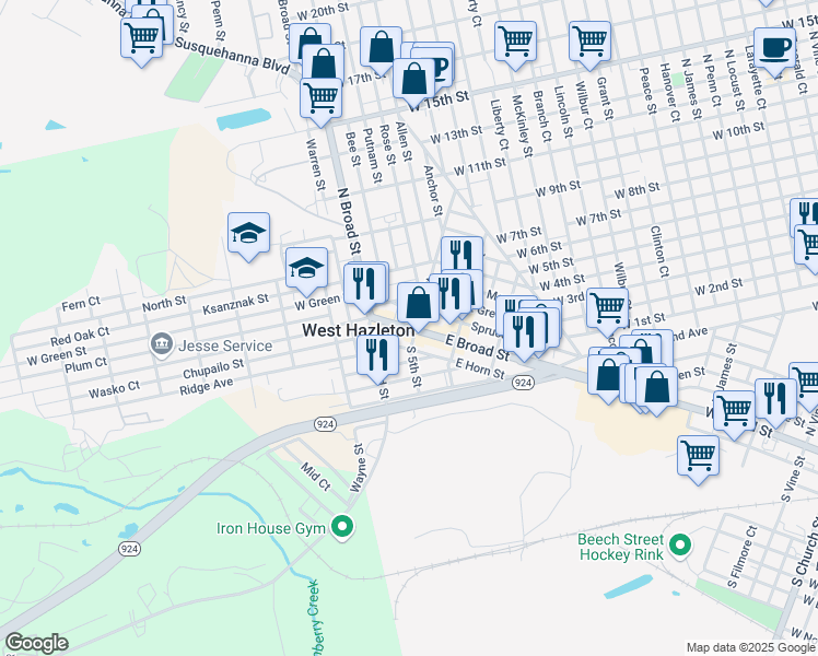 map of restaurants, bars, coffee shops, grocery stores, and more near 8 West Broad Street in Hazleton