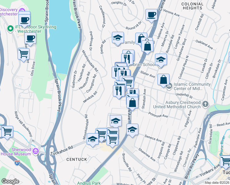 map of restaurants, bars, coffee shops, grocery stores, and more near 1 Balint Drive in Yonkers