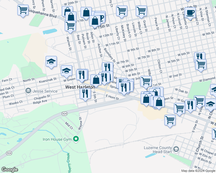 map of restaurants, bars, coffee shops, grocery stores, and more near 101 East Broad Street in Hazleton