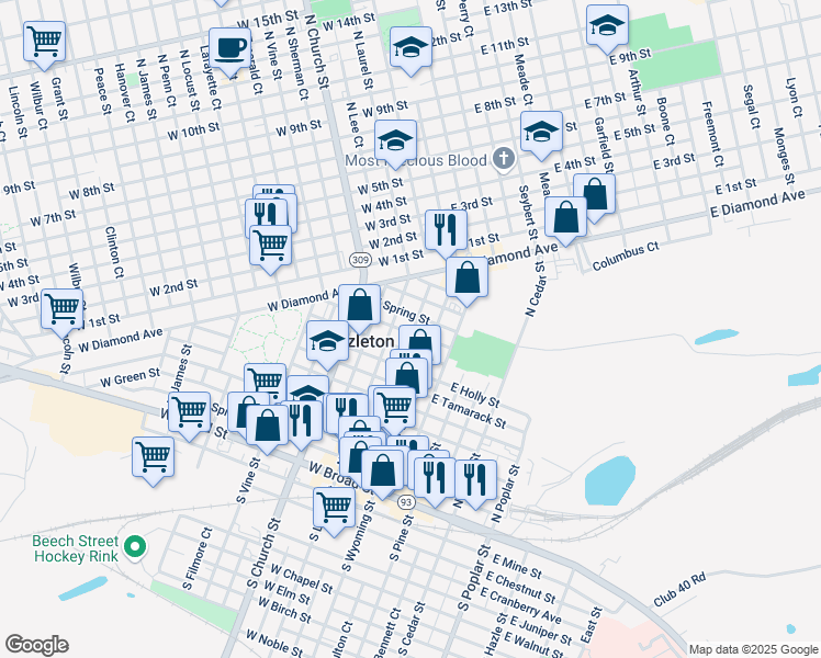 map of restaurants, bars, coffee shops, grocery stores, and more near 179 North Laurel Street in Hazleton