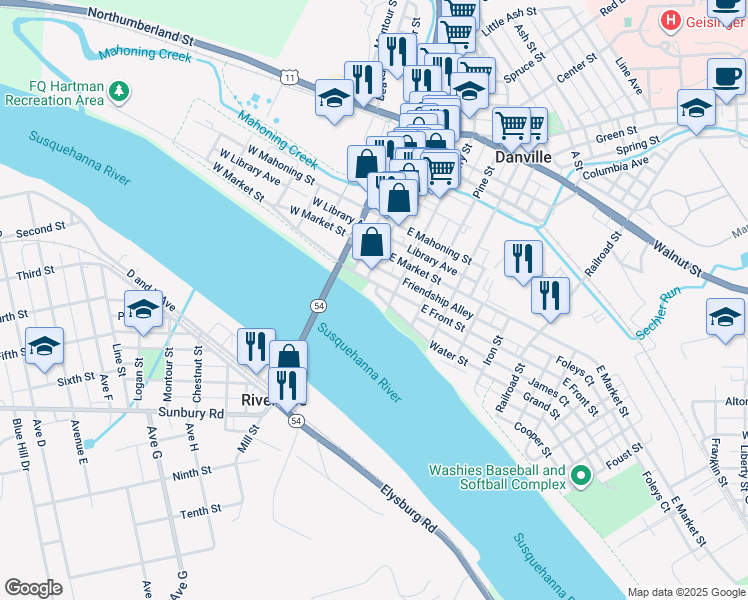 map of restaurants, bars, coffee shops, grocery stores, and more near 18 Water Street in Danville