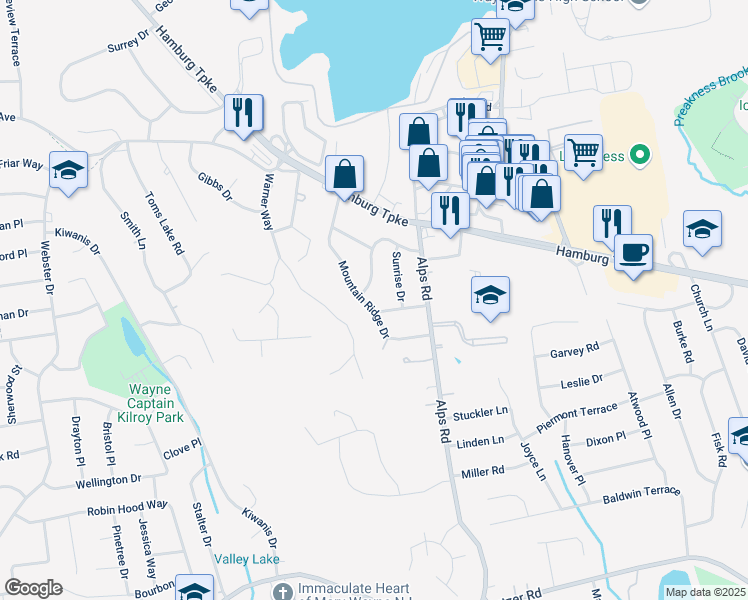 map of restaurants, bars, coffee shops, grocery stores, and more near 40 Mountain Ridge Drive in Wayne