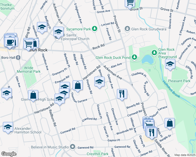 map of restaurants, bars, coffee shops, grocery stores, and more near 66 Spottswood Road in Glen Rock