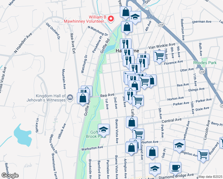 map of restaurants, bars, coffee shops, grocery stores, and more near 96 2nd Avenue in Hawthorne
