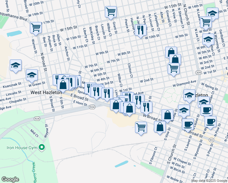 map of restaurants, bars, coffee shops, grocery stores, and more near 536-538 Lincoln Street in Hazleton