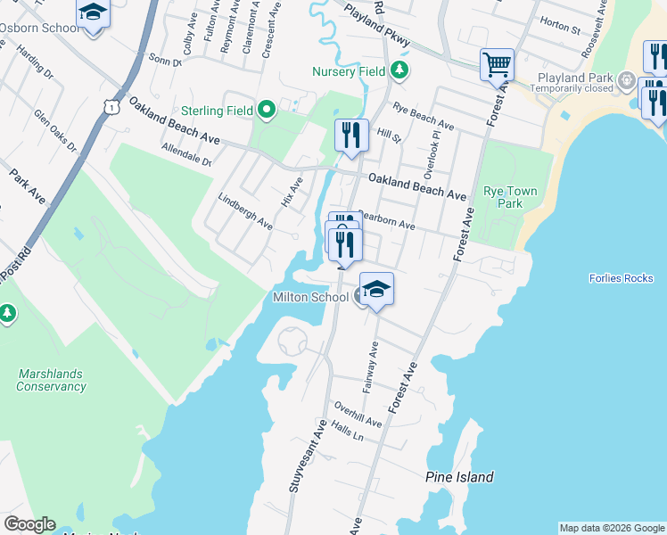 map of restaurants, bars, coffee shops, grocery stores, and more near 624 Milton Road in Rye