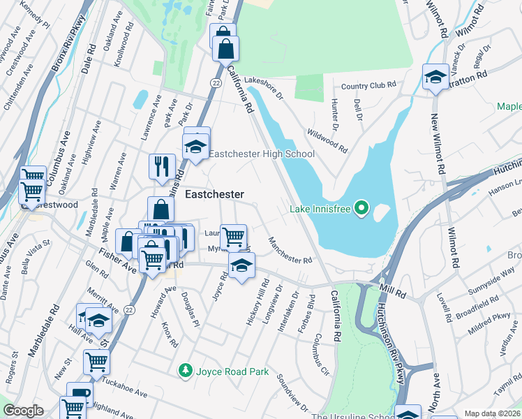 map of restaurants, bars, coffee shops, grocery stores, and more near 61 Manchester Road in Eastchester