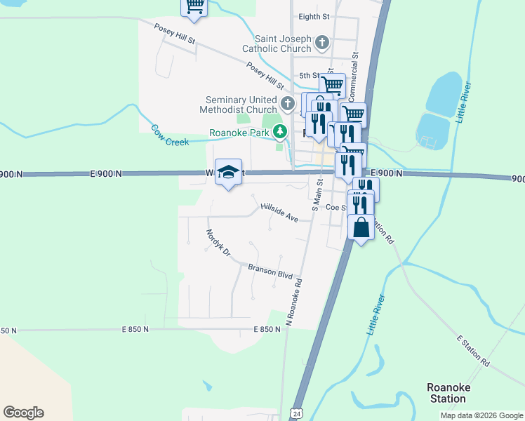 map of restaurants, bars, coffee shops, grocery stores, and more near 305 Hillside Avenue in Roanoke