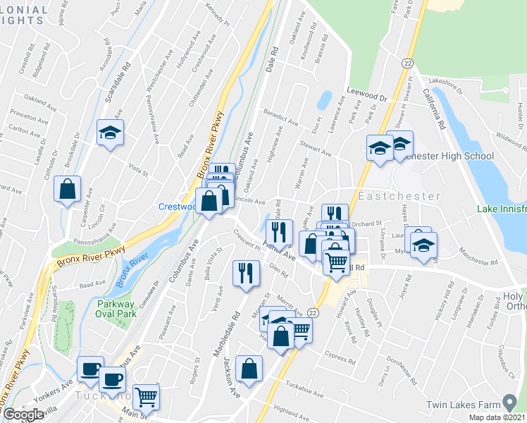 map of restaurants, bars, coffee shops, grocery stores, and more near 30 Young Place in Tuckahoe