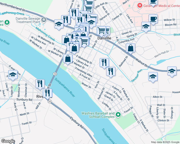 map of restaurants, bars, coffee shops, grocery stores, and more near 324 East Market Street in Danville