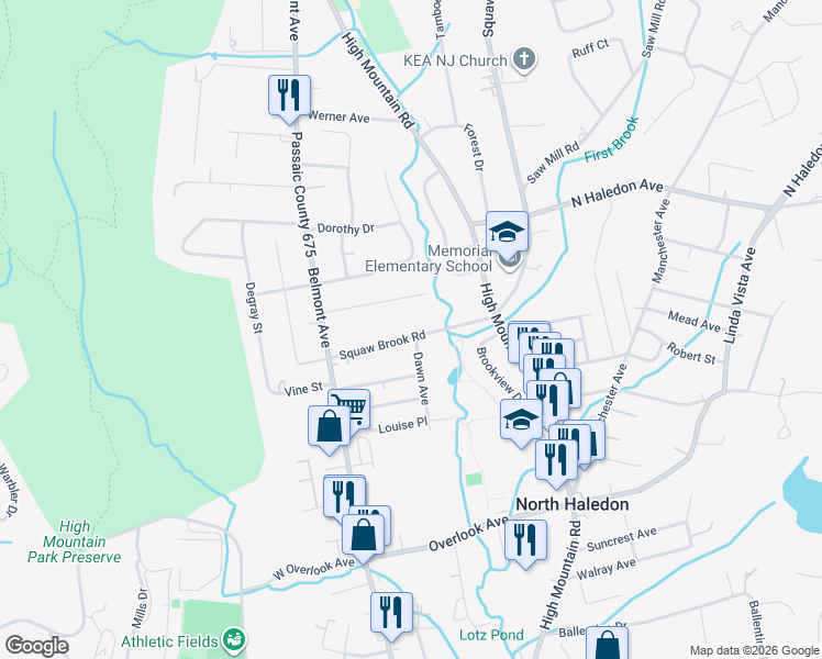 map of restaurants, bars, coffee shops, grocery stores, and more near 73 Squaw Brook Road in North Haledon