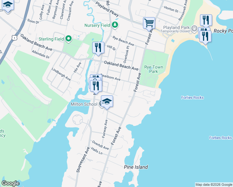 map of restaurants, bars, coffee shops, grocery stores, and more near 31 Everett Street in Rye