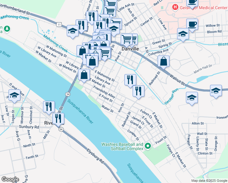 map of restaurants, bars, coffee shops, grocery stores, and more near 312 East Market Street in Danville